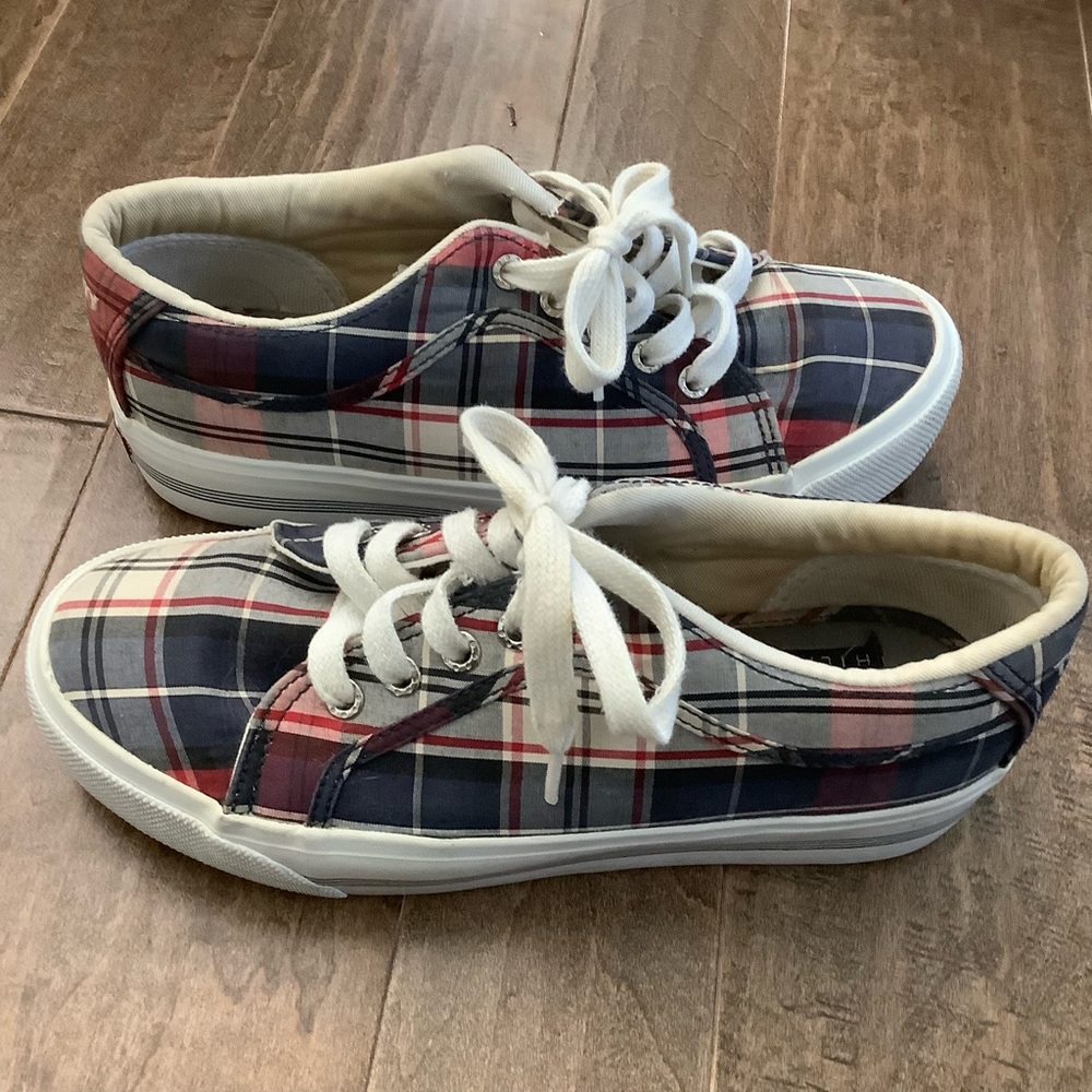 Tommy Hilfiger Red and Blue Plaid Sneakers, 7.5